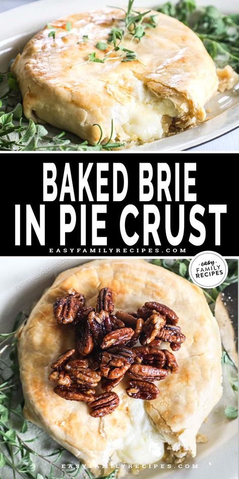 Ever wondered how to bake brie? This Baked Brie in Pie Crust is an appetizer like no other! This baked brie recipe is made with a whole wheel of melty brie cheese encased in a buttery, flaky, golden pie crust. This baked brie with pie crust is perfect for the holidays with crackers, baguette slices, fruit, veggies, or any baked brie toppings your heart desires! Bree Cheese Recipes, Baked Brie Toppings, How To Bake Brie, Pie Crust Appetizers, Brie Toppings, Bake Brie, Baked Brie Recipe, Pecan Baked Brie, Baguette Slices