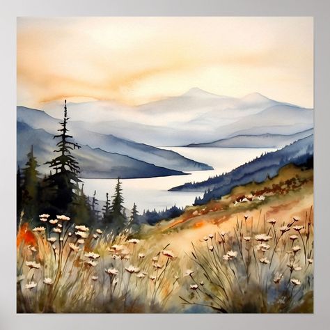 Mountain Landscape Watercolor Painting Art Print. Watercolor Land Scape, Mountain Sunset Watercolor, Watercolor Art Mountains, Creativity Boosters, Watercolour Scenery, Watercolor Scenery Painting, Watercolor Mountain Landscape, Mountains Watercolor, Mountain Watercolor