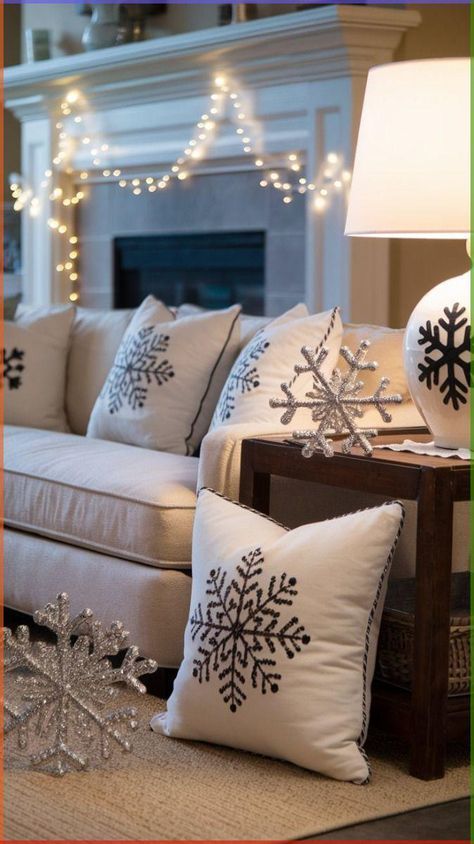 Winter Theme Living Room, Snowy Fireplace, Winter Wonderland Living Room, Wonderland Living Room, Small Attic Bedroom Designs, White Boho Living Room, Pillows Silver, Small Attic Bedroom, Elegant Shower Curtains