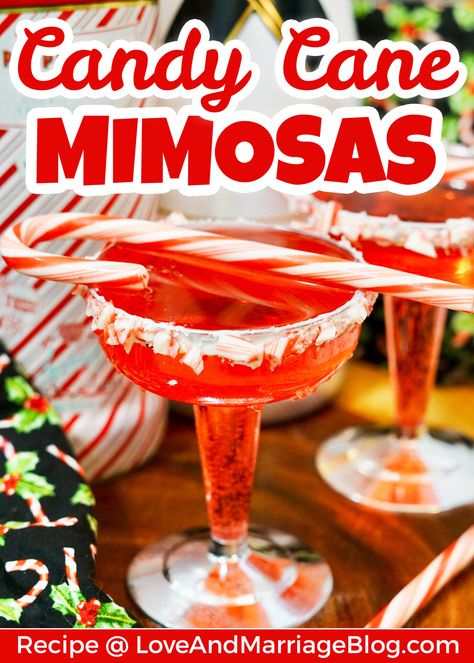 Candy Cane Mimosas Recipe for Christmas - Easy Holiday Cocktail Peppermint Bark Mimosa, Grinch Mimosa Recipe, Mimosa Recipe Christmas, Candy Cane Drink, Candy Cane Christmas Punch, Christmas Mimosa Ideas, Xmas Shots, Mimosas Recipe, Christmas Brunch Party