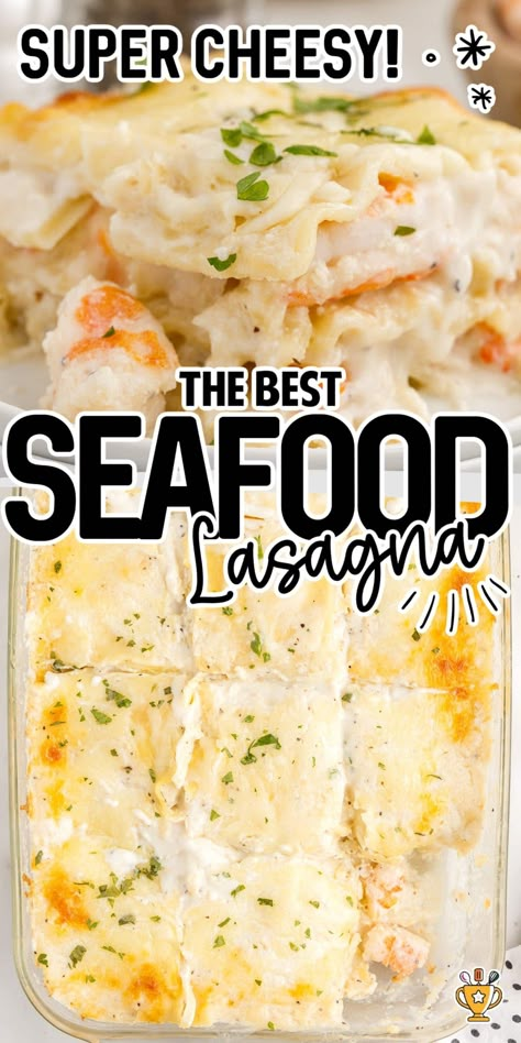 Seafood Lasagna Seafood Lasagna Recipe Best, Seafood Pasta Bake Recipes, Seafood Main Dishes, Marry Me Seafood Lasagna, Seafood Lasagne Recipes, Seafood Pasta Recipe, Seafood Ravioli Recipe, Crab Lasagna Recipes, Shrimp Scampi Lasagna