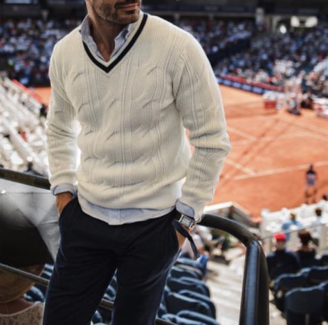 Sweater Suit Men, Mens Gentleman Fashion, Tennis Sweater Outfit Men, Mens Tennis Outfit, Lawyer Outfit Men, Classy Men Outfits Gentleman Style, Elegant Men Outfits, Classy Style Men, Preppy Style Men