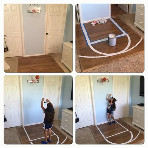 Bedroom Basketball Court, half court, kids room ideas, diy, left over laminate flooring, repurpose, girl's room, boy's room, sports room, left over paint, hoops, NBA slam jam, Diy Boy Bedroom, Room Ideas Diy, Sports Room Boys, Boy Sports Bedroom, Basketball Bedroom, Kids Sports Room, Kids Room Ideas, Basketball Room, Ideas Habitaciones