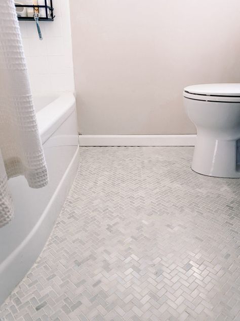 Herringbone Mosaic Tile Floor, Tile Ideas For Bathroom Floor, Kitchen And Bathroom Flooring, White Herringbone Tile Bathroom Floor, Small Herringbone Tile Floor, Small Tile Bathroom Floor, Restroom Floor Tile, Half Bath Tile Floor, Ensuite Flooring