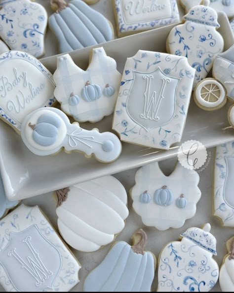 Chinoiserie Cookies, Baby Boy Cookies, Chinoiserie Pumpkins, Baby Boy Sprinkle, Preppy Baby, Baby Favors, Chic Baby Shower, Hello October, Baby Cookies