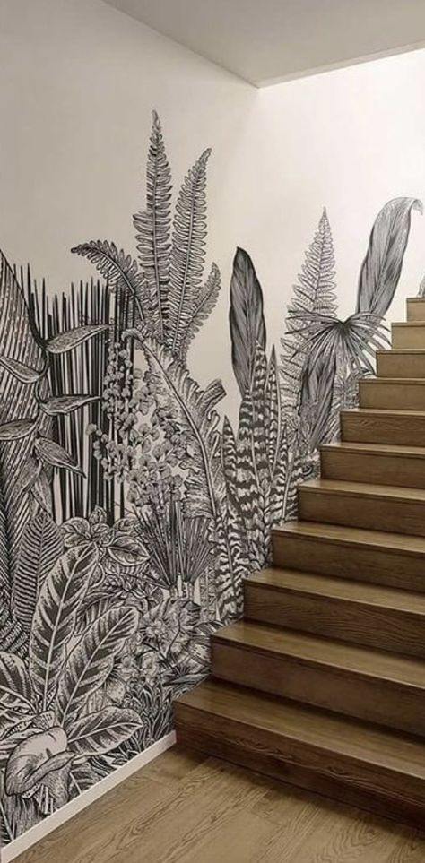 Staircase Mural, Botanical Wall Mural, Stairwell Ideas, Stairway Decorating, Staircase Wall, House Stairs, Mural Wall Art, Home Wallpaper, Wall Treatments