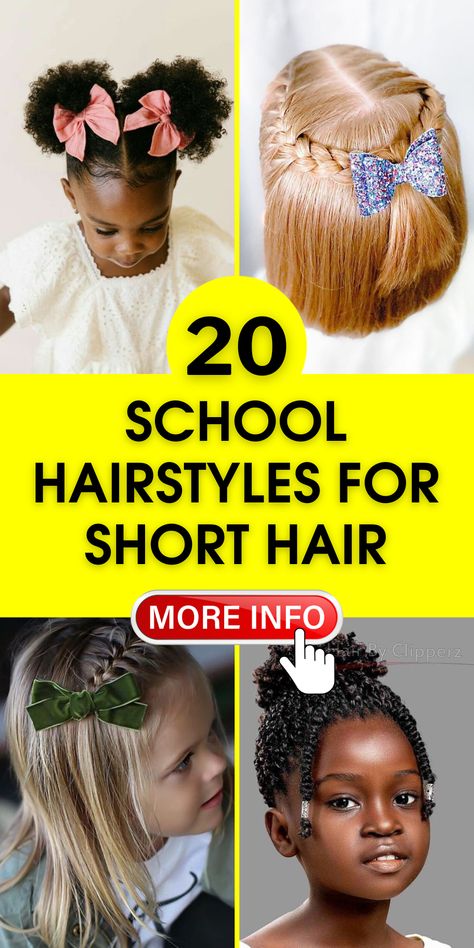 Cute & Easy School Hairstyles for Short Hair – Quick Daily Looks Girls Short Hair Styles For School, Graduation Hairstyles For Short Hair, Simple Back To School Hairstyles, Hairstyles For Short Hair Kids, School Hairstyles For Short Hair, Short Hair For Kids, Quick Hairstyles For School, Childrens Hairstyles, Picture Day Hair