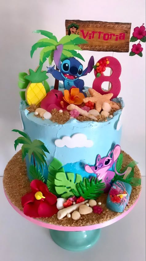 Hawaiian Stitch Cake, Stitch Hawaiian Cake, Stitch Beach Cake, Stitch And Angel Birthday Cake, Stitch Torte, Stitch Cake Ideas, Stitch Cake Design, Stitch Birthday Cake Ideas, Stitch And Angel Cake