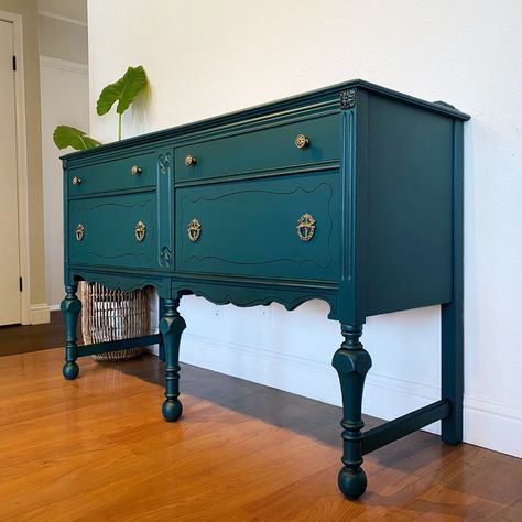 SOLD Antique Jacobean Buffet Sideboard Painted in Dark | Etsy Boho Refinished Furniture, Eclectic Sideboard, Painted Buffets And Sideboards, Jacobean Buffet, Sideboard Painted, Antique Glaze, Farmhouse Dinnerware, Desk Makeover Diy, Painted China Cabinets