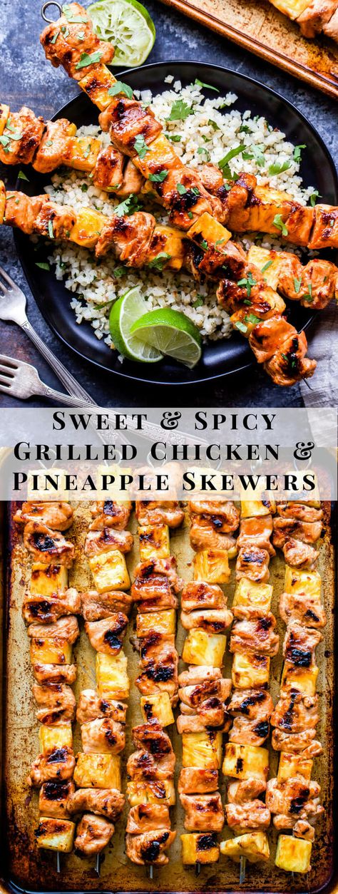 Sweet and Spicy Grilled Chicken and Pineapple Skewers will be your go-to dinner all summer long! Flavored with chili garlic sauce and sweetened with honey, these paleo and gluten-free chicken skewers are perfect for a protein packed, healthy dinner! #chicken #pineapple #skewers #paleo #glutenfree #healthydinner #grilledchicken Sweet And Spicy Grilled Chicken, Grilled Chicken And Pineapple, Healthy Dinner Chicken, Chicken And Pineapple Skewers, Pineapple Skewers, Chicken And Pineapple, Pineapple Skewer, Chicken Pineapple, Spicy Grilled Chicken