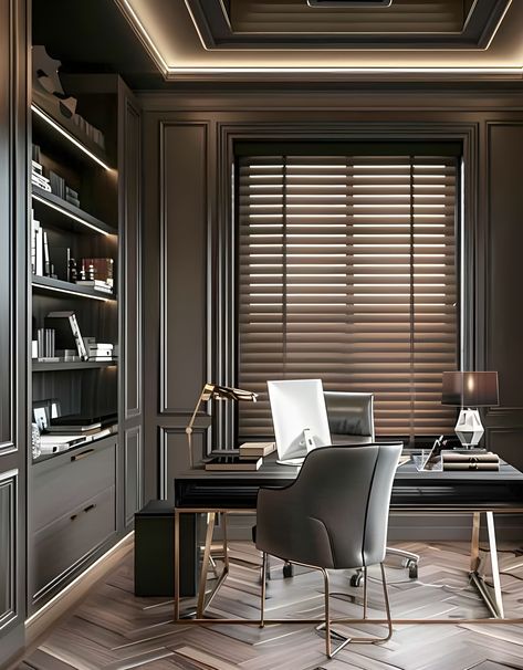 Text: Wood venetian blinds for a stylish home office. Button: Explore Collection. Office Blinds, Wood Office, Best Blinds, Office Window, Fitted Blinds, Office Inspo, Venetian Blinds, Office Table, Home Office Space