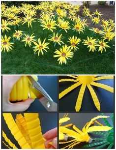 making sunflowers from water bottles ~~~ Water Bottle Flowers, Water Bottle Crafts, Plastic Bottle Flowers, Plastic Bottle Art, Diy Flores, Diy Plastic Bottle, Fleurs Diy, Outdoor Crafts, Plastic Bottle Crafts