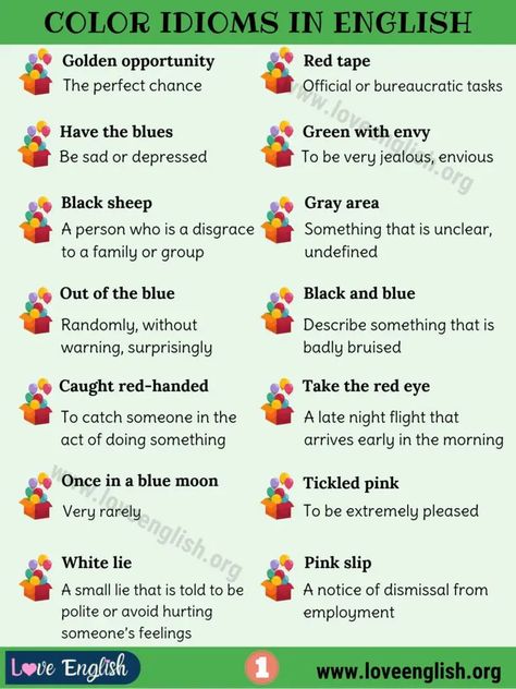 Color Idioms: 29 Awesome Color Idioms to Develop Your English - Love English Color Idioms, Love Idioms, Idioms In English, English Grammar For Kids, Grammar For Kids, English Love, Idioms And Phrases, Saree Poses, Unusual Words