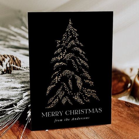 AD: Modern & elegant holiday card featuring a snowy faux gold foil pine tree with a black background (or color of your choice). "Merry Christmas" is displayed in a white, modern serif font with your name or custom text below. The non-photo holiday ca🎄merry christmas fonts free | christmas holiday fonts | christmas style fonts 🎄#ChristmasFonts #FreeFonts #HolidayFonts Christmas Cards Elegant, 2023 Christmas Cards, Christmas Card Aesthetic, Christmas Card Graphic Design, Christmas Card Black And White, Classy Christmas Cards, Christmas Business Card, Christmas Card Business, Christmas Cards Black