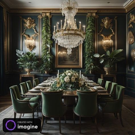 Dark Wood Dining Room Table, Modern Victorian Dining Room, Green Dining Room Walls, Victorian Dining Table, Gold Dining Room, Brown Kitchen Cabinets, Kitchen Cabinet Ideas, Green Dining Room, Rose House