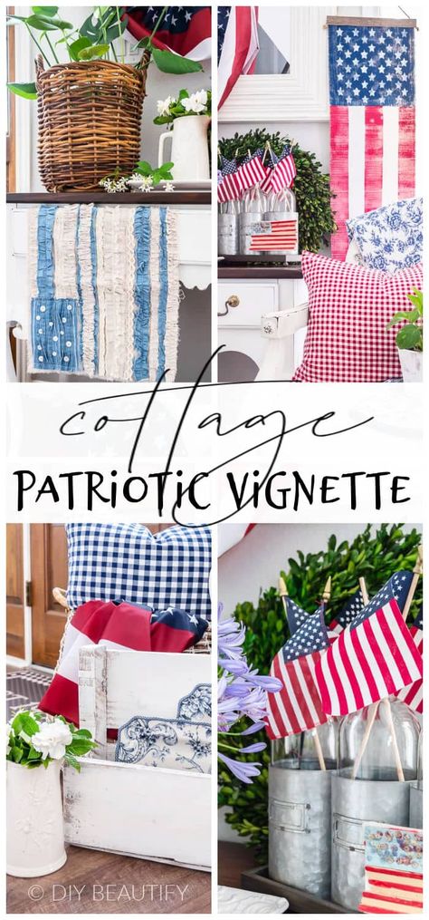 Decorating a patriotic cottage vignette with vintage white furniture, fresh garden blooms, and multiple types of flags for a homey slice of Americana. Diy Americana Decor, Vintage Patriotic Decorations, White Entry Table, Vintage Americana Decor, Rustic Americana Decor, Patriotic Kitchen, Patriotic Centerpieces, Wood Tote, Rustic Americana