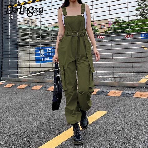 Darlingaga Streetwear Loose Cargo Jumpsuit Women Suspender Pockets Overalls Pants with Belt Fashion Solid Long Jumpsuits Autumn _ - AliExpress Mobile Cargo Pants Plus Size, Womens Cargo Pants, Sling Bow, Womens Cargo, Wide Leg Pants Casual, Trousers Plus Size, Style Overalls, Black Overalls, Pants Plus Size