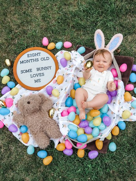 Baby in basket with Easter eggs wearing rabbit ears and eight months old. 8 Month Baby Photoshoot April, 7 Month Old Easter Pictures, April Monthly Baby Picture, March Monthly Baby Picture, 7 Month Old Photoshoot, 8 Month Old Baby Pictures, 8 Month Old Photoshoot, 3 Month Old Milestones Photo Shoot, Spring Baby Pictures