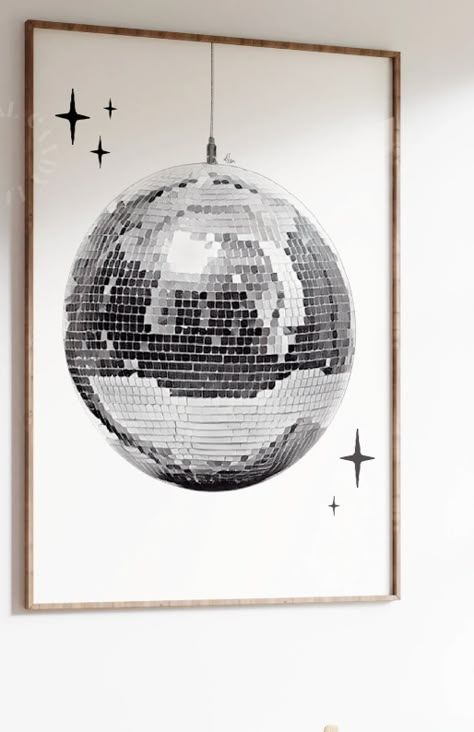 Mirrorball Painting Tutorial, Mirror Ball Painting, Disco Ball Painting, Disco Ball Poster, Abstract Art Projects, Ball Aesthetic, Colored Pencil Artwork, Dream Apartment Decor, Mirror Ball