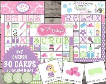 Spa Party Games, Birthday Game Ideas, Spa Games, Bingo Set, Spa Birthday Parties, Spa Birthday, Sleepover Games, Sensory Boxes, 5x7 Cards