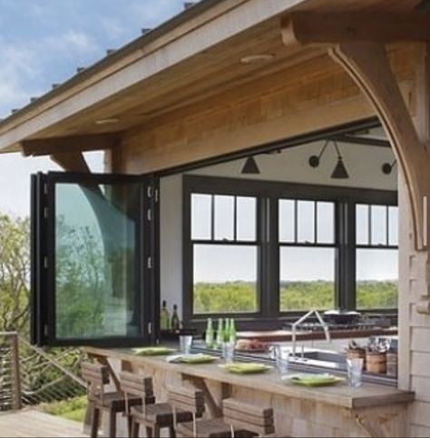 Kitchen Window Bar, Kitchen With Bar, Pass Through Window, Window Bars, Converted Garage, Hill Country Homes, Indoor Outdoor Kitchen, Outdoor Kitchen Decor, Casa Country