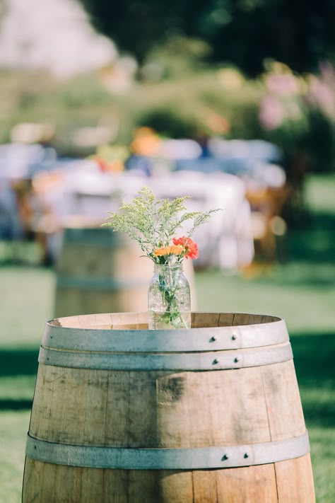 wine barrel cocktail tables for wedding Wine Barrel Centerpieces, Barrel Tables Wedding, Barrel At Wedding, Barrel Cocktail Tables, Wine Barrel Cocktail Table Wedding, Cocktail Wedding Table Decor, Wedding Barrel Decor, Barrel Table Wedding, Wine Barrel Cocktail Table