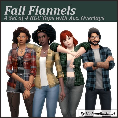 Fall Flannels (BGC) | MadameRia on Patreon Sims 4 Flannel Cc, Sims 4 Flannel, Cc Mods, Sims 4 Game Mods, Fall Flannel, Packing Clothes, Tied Shirt, Sims 4 Dresses, Sims 4 Mm