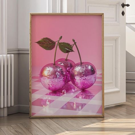 Pink Disco CherryArt Print | Wall Art Poster | Glam Disco Ball Red Strawberries | Preppy | Trendy | Kitchen Decor | Digital PRINTABLE