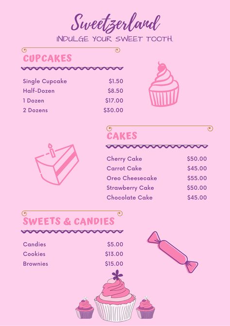 Small Business Menu Ideas, Cake Page Name Ideas, Cupcake Menu Design, Baking Business Names Ideas, Dessert Menu Design Ideas, Cake Business Plan, Cake Pricing Chart, Cheesecake Menu, Bakery Truck