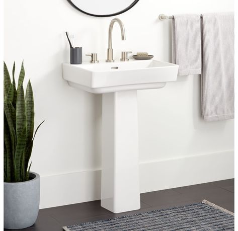 Signature Hardware 459529 Pentero 23" Fireclay | Build.com Beadboard Powder Room, Small Pedestal Sink, Signature Hardware Bathroom, Modern Pedestal Sink, Pedestal Sink Bathroom, Pedestal Tub, Pedestal Bathroom Sink, Corner Toilet, Lavatory Sink