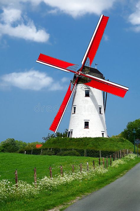 Traditional windmill. With red vanes in the Holland countryside stock image Windmill Drawing, Windmill Images, Netherlands Tourism, Tilting At Windmills, Windmill House, Windmill Art, Windmill Water, Holland Windmills, Wind Mills