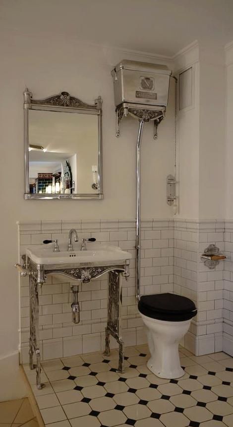 Chadder & Co. Blenheim High Level Toilet Cistern and Chadder Blenheim Mirror above the Blenheim basin on polished frame. Baños Shabby Chic, Victorian Toilet, Vintage Toilet, Victorian Bathroom, Toilet Cistern, Cottage Bathroom, Small Toilet, Toilet Room, Vintage Bathrooms