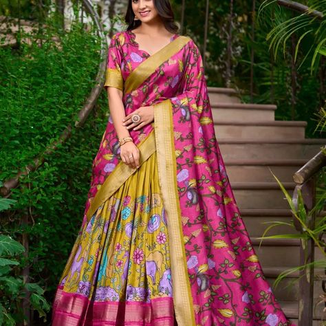 Dm for order whatsup 8309874411 or Dm to @hansicollections inbox *💐 lehenga choli💐* Lehenga (stitched) Lehenga fabric: dola silk Lehenga work: kalamkari print with weaving border Waist :. Supported Pu to 42 Lehenga closer drawstring with length:41 Flair: 3.30 Meter Inner: micro cotton Blouse(unstitched) Blouse fabric: dola silk Blouse work: printed Blouse length: 0.90 meter Dupatta Dupatta fabric :dola silk Dupatta work : kalamkari print with both side tassels Dupatta length :2.4 mete... Silk Blouse Work, Tassels Dupatta, Kids Lehenga Choli, Half Saree Function, Kalamkari Print, Sarees For Girls, Indian Lehenga Choli, Lehenga Fabric, Stitched Lehenga