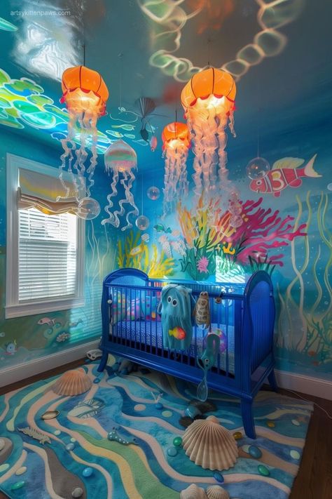 Kids Room Design Colorful, Ocean Themed Mural, Spongebob Nursery Ideas, Unique Baby Room Themes, Ocean Themed Boys Room, Baby Boy Ocean Theme Nursery, Ocean Themed Room Decor, Finding Nemo Nursery Theme, Sea Theme Bedroom