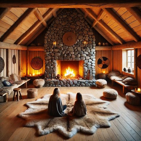 Modern Viking Longhouse, Viking Living Room, Viking Interior Design, Viking House Interiors, Viking Longhouse, Cordwood Homes, Native American Teepee, Viking House, Ski Condo