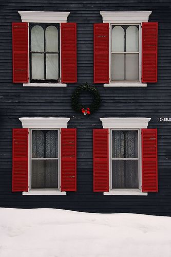 Good colors. Red Roof Color Scheme Exterior Houses, Maroon Siding House, Red Door House, European Windows, Red Shutters, Grey Siding, Garage Door Types, Fixer Upper House, Red Houses