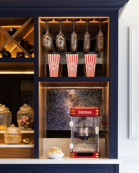 Krantz Designs | Redefining the home cinema: A fully stocked snack bar offers film fanatics all the goodies they need to elevate their movie watching... | Instagram Media Room Popcorn Machine, Home Cinema Room Snack Bar, Home Movie Snacks, Home Cinema Snack Bar, Home Popcorn Station, Movie Bar Ideas, Cinema Seats Aesthetic, Retro Movie Theater Aesthetic, Home Theater Snack Bar Ideas