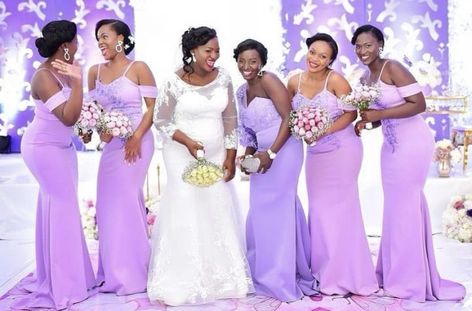 Light Purple Bridesmaid Dresses Black Women, Lilac Bridesmaids, Nigerian Wedding Decor, Braids Maid Dresses, Sister Goals, Bridal Train, African Bridesmaids, Lilac Bridesmaid, Mums Wedding