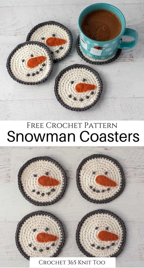 Snowman Coasters, Crocheted Coasters, Crochet Ornament Patterns, Crochet Coasters Free Pattern, Crochet Christmas Gifts, Crochet With Cotton Yarn, Crochet Snowman, Winter Decorating, Confection Au Crochet