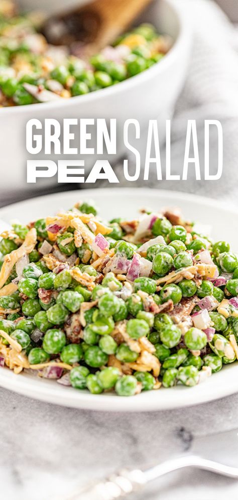 A plate of green pea salad with the bowl in the background. Peasalad Salad, Bacon Pea Salad, Pea Salad With Bacon, Green Pea Salad, Perfect Salad Recipe, Recipe With Bacon, Easy Macaroni Salad, Pea Salad Recipes, Creamy Peas