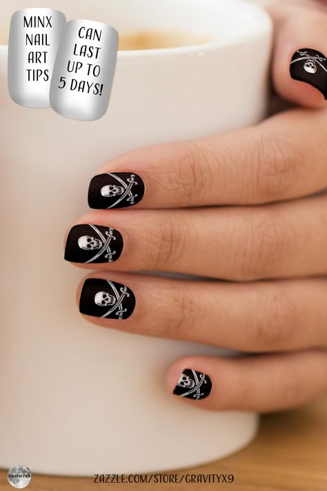 * Pirate Skull & Sword Crossbones Minx Nail Art by #Gravityx9Designs at Zazzle With the jolliest of Jolly Rogers, Be ye ready fer 'Talk Like A Pirate" Day, ye scallywag * Set includes two sheets of Minx Nails coverings for a full manicure. * The package comes with eight nail coverings on each sheet (total of 16 nail coverings) in varying sizes. * Designed for both fingers and toes * Can last up to 1 week * Add background color of your choice. * Pirate nails art * jolly roger nail art * 0224 Az Nails, Pirate Nail Art, Pirate Nails, Add Background, Ahoy Matey, Pirate Day, Minx Nails, Cute Goth