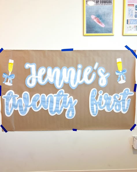 jennie’s 21st! 🩵🥂 thank you @christindefranco 🫶🏽🫶🏽 - - 🏷️s: #banner #paintedbanner #birthdaybanner #signnight #21stbanner #21stbday #birthdaydecor #21stdecor 21 St Birthday Themes, Thank You Banner, Paper Banner Ideas, Small Business Art, 70th Birthday Banner, Shot Party, Retirement Banner, 21st Birthday Banner, 21st Birthday Sign