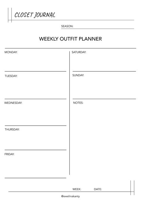 Closet Journal -  Weekly Outfit Planner Closet Journal, Outfit Planner Template, Outfit Planning Organization, Weekly Outfit Planner, Week Outfit Plan, Outfit Planning, Outfit Planner Printable, Outfit Planner App, Travel Outfit Planner