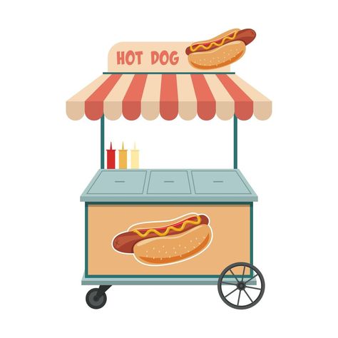 Hot Dog Illustration Design, Diy Hot Dog Stand, Hot Dog Cart Ideas, Hot Dog Shop, Hot Dog Party, New York Drawing, Dog Cart, Hot Dog Bar, Hot Dog Cart