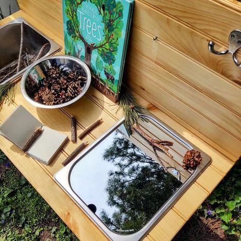 BreAnna l Simple Sensory Play l Kid's activities on Instagram: "Learning about trees 🌲🌳🌲 I was so excited when get got our new @button_and_bug mirror insert for our mud kitchen!! I had to bring it out right away and learn about trees with my kids! 📢The mirror insert will be released tomorrow!! 🎉🎉 This was such a fun way to talk about trees while playing underneath one and seeing the tree in the mirror! 🌲 All of the @button_and_bug boards are amazing! I love them for the sensory table AND Bug Mirror, Mirror For Kids, Tree Mirror, Instagram Learning, About Trees, Playbased Learning, Sensory Table, Mud Kitchen, Table Mirror