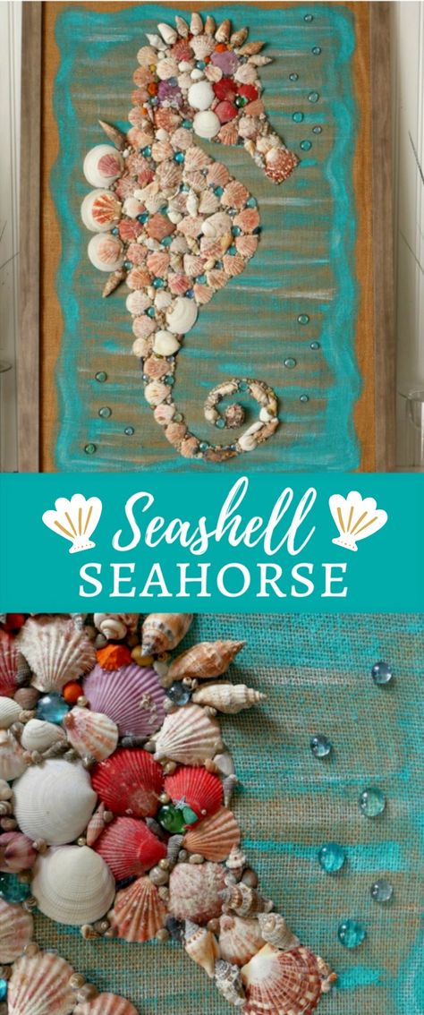 DIY Giant Seashell Seahorse Wall Art Diy Outdoor Wall, Seashell Seahorse, Seahorse Wall Art, Seahorse Art, Seashell Projects, Art Children, Shell Crafts Diy, Sea Crafts, Metal Tree Wall Art