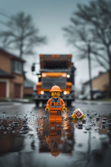 In the quiet hum of a rainy morning, meet the unsung hero— Lego garbage man. 🌧️🚛 Despite the gloomy skies and wet streets, he stands resolute in front of his truck, a symbol of quiet determination amidst the suburban landscape. Each puddle and raindrop tells a story of persistence and dedication. Here's to those who keep our neighborhoods clean, rain or shine. #EverydayHeroes #RainyDay #LegoArt #Lego #Photoghraphy #LegoFIgurines #Toys Lego City Wallpaper, Lego Pfp, Lego Pics, Suburban Landscape, Lego Wallpaper, Rainy Morning, Toy Photography, Heaven Art, Lego Pictures