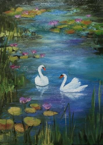 Daily Paintworks - "Swans in Monets Garden" - Original Fine Art for Sale - © Jean Nelson Swan In Lake Painting, Swan Painting Acrylic Easy, Impressionism Collage, Swan Paintings, Swans Painting, Beautiful Paintings Of Nature, Duck Painting, Swan Art, Swan Painting