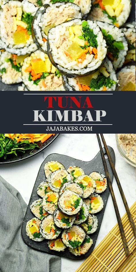 Tuna Kimbap Recipe, Kimbap Recipe Tuna, Kimbap Vegetarian, Canned Tuna Sushi, Vegetarian Kimbap Recipe, Gimbap Tuna, Tuna Gimbap Korean, Tuna Kimbap, Spicy Tuna Kimbap