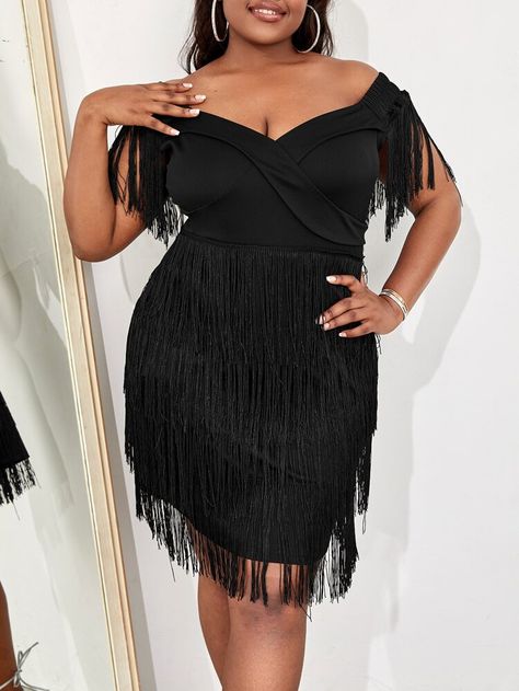 [goods_name] | SHEIN USA Night Out Plus Size Outfits, Plus Size Night Out Outfit, Gatsby Dress, Black Party Dresses, Plus Size Vintage, Fringe Dress, Night Out Outfit, Bodycon Dress Parties, Fringe Trim